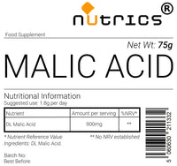Nutrics® 100% Pure Malic Acid Pharmaceutical Grade Vegan Powder 75g- Nutrics Superfoods