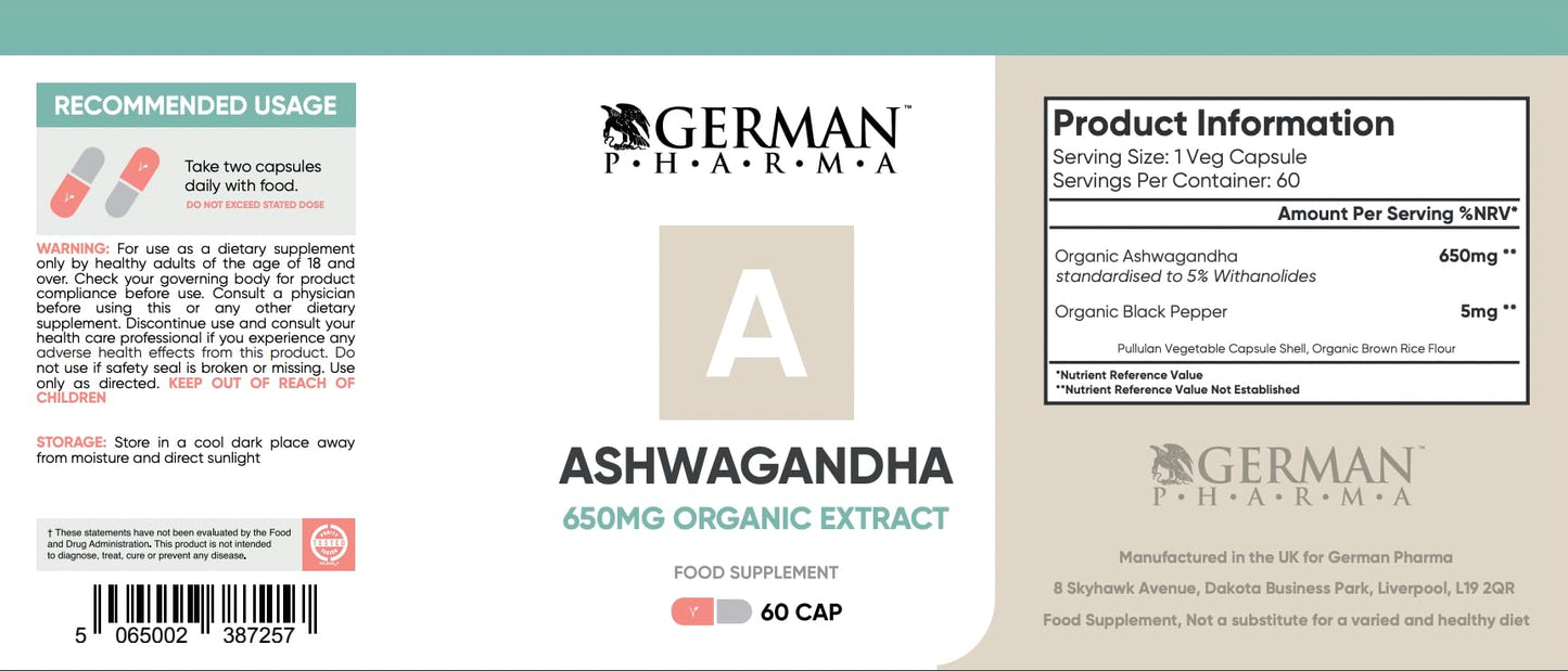 German Pharma Ashwagandha Organic 650mg | 60 Vegetarian Capsules | 5% Withanolides | UK Manufacturing | 100% Natural |