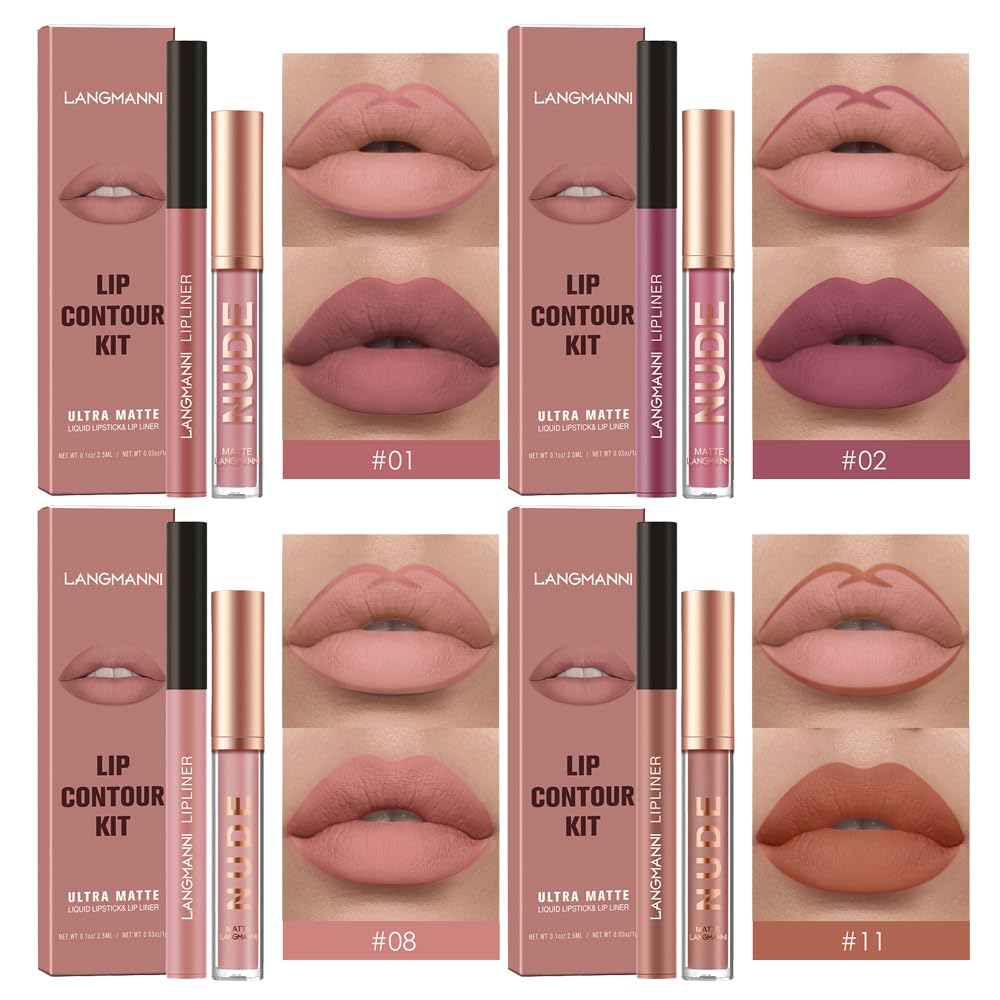 LANGMANNI 4pcs Matte Lipstick with Lipliners Durable Makeup Set,Long-Lasting Non-Stick Cup Not Fade Waterproof Pigmented Velvet Lipgloss Kit Beauty Cosmetics Makeup Gift for Girls(#12811)
