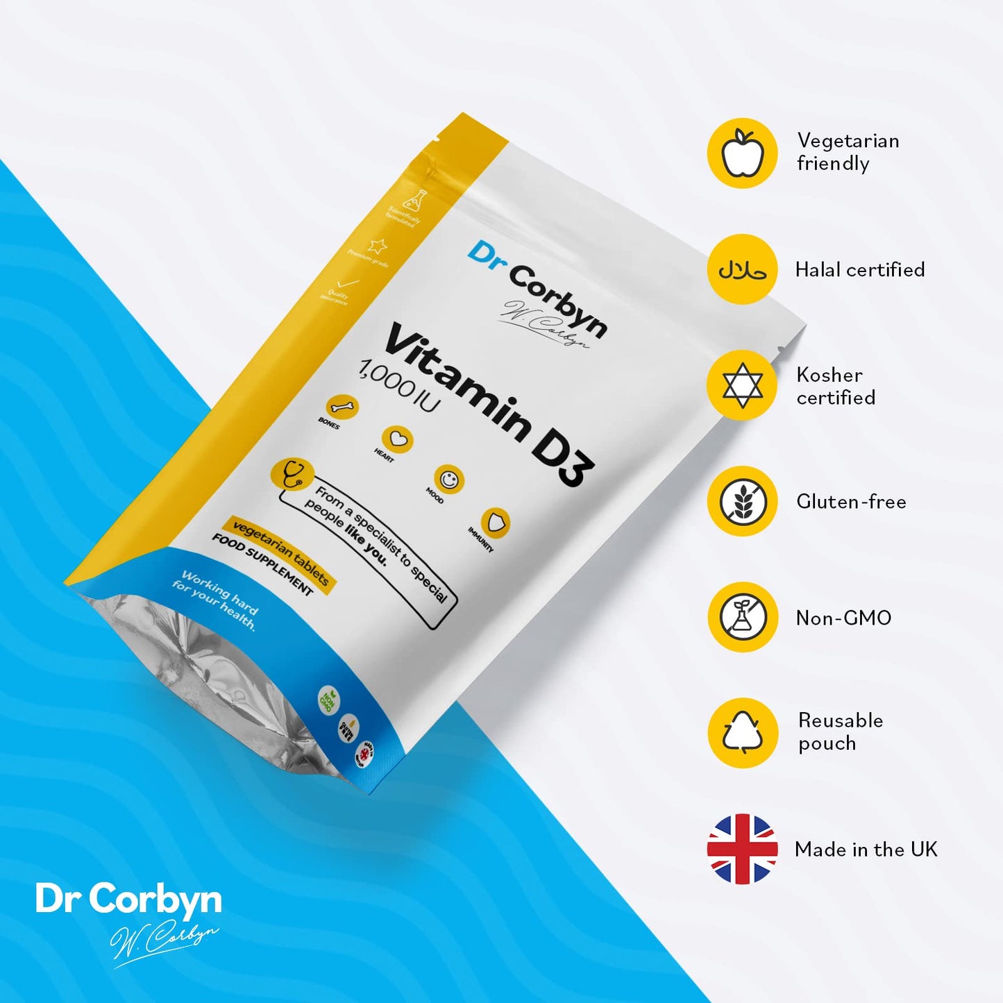 Dr Corbyn Vitamin D3 1,000 IU / 25ug - 60 Tablets | Vegetarian Vitamin D Supplement (Cholecalciferol) | Easy to Swallow Tablets | Immunity & Bone Support