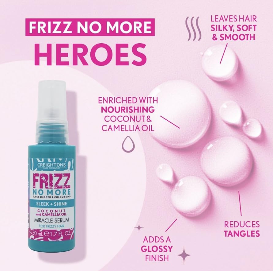 Creightons Frizz No More Sleek & Shine Miracle Serum 50ml – Smooths Hair, Locks Out Frizz & Moisture, Ideal for Frizz-Prone or Wavy/Curly Hair | Colour-Kind