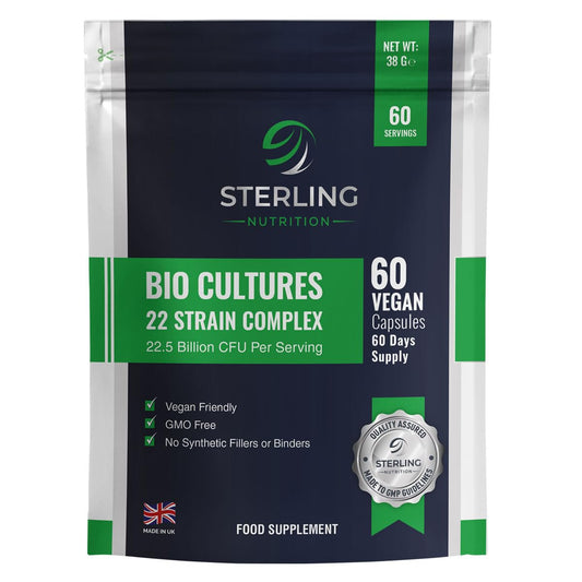 STERLING NUTRITION Bio Cultures Probiotic Complex: 22.5B CFU, 22 Live Bacteria Strains, Digestive Enzymes for Men & Women. 60 Super Strength Vegan Capsules. Made in UK. by Sterling Nutrition.