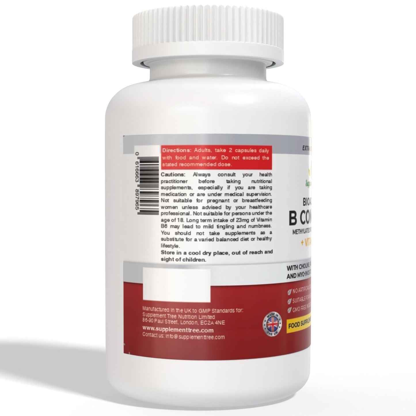 Supplement Tree Bioactive B Complex with Vitamin C – Methylated B12, Folate (5-MTHF), B6 P5P, PABA, Choline, Inositol – High Strength, 90 Vegan Capsules – Non-GMO