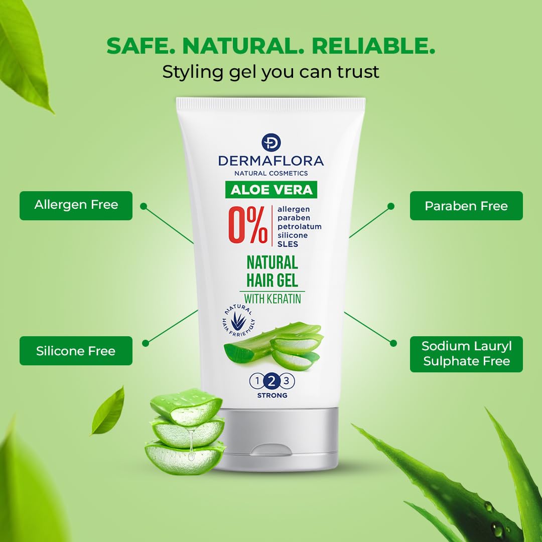 Dermaflora Natural Aloe Vera Gel for Hair with Keratin – 150ml | Lightweight Styling Gel for Men & Women | Flexible Hold, Moisturizing, Non-Flaky Formula, Paraben-Free & Allergen-Free