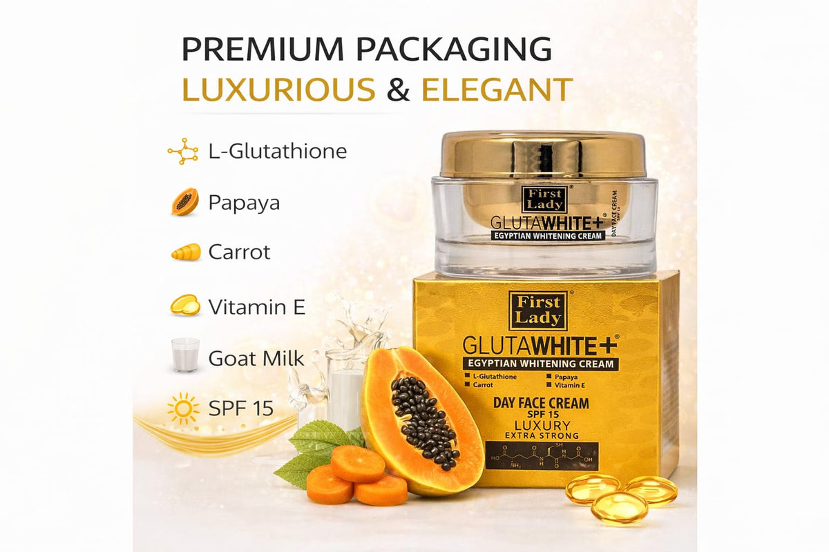 FIRST LADY GLUTAWHITE First Lady Glutawhite Gold Brightening Day Cream SPF15 100ml – With L-Glutathione, Papaya, Vitamin E & Goat Milk – Hydrating Face Moisturiser for Even-Looking Skin Tone