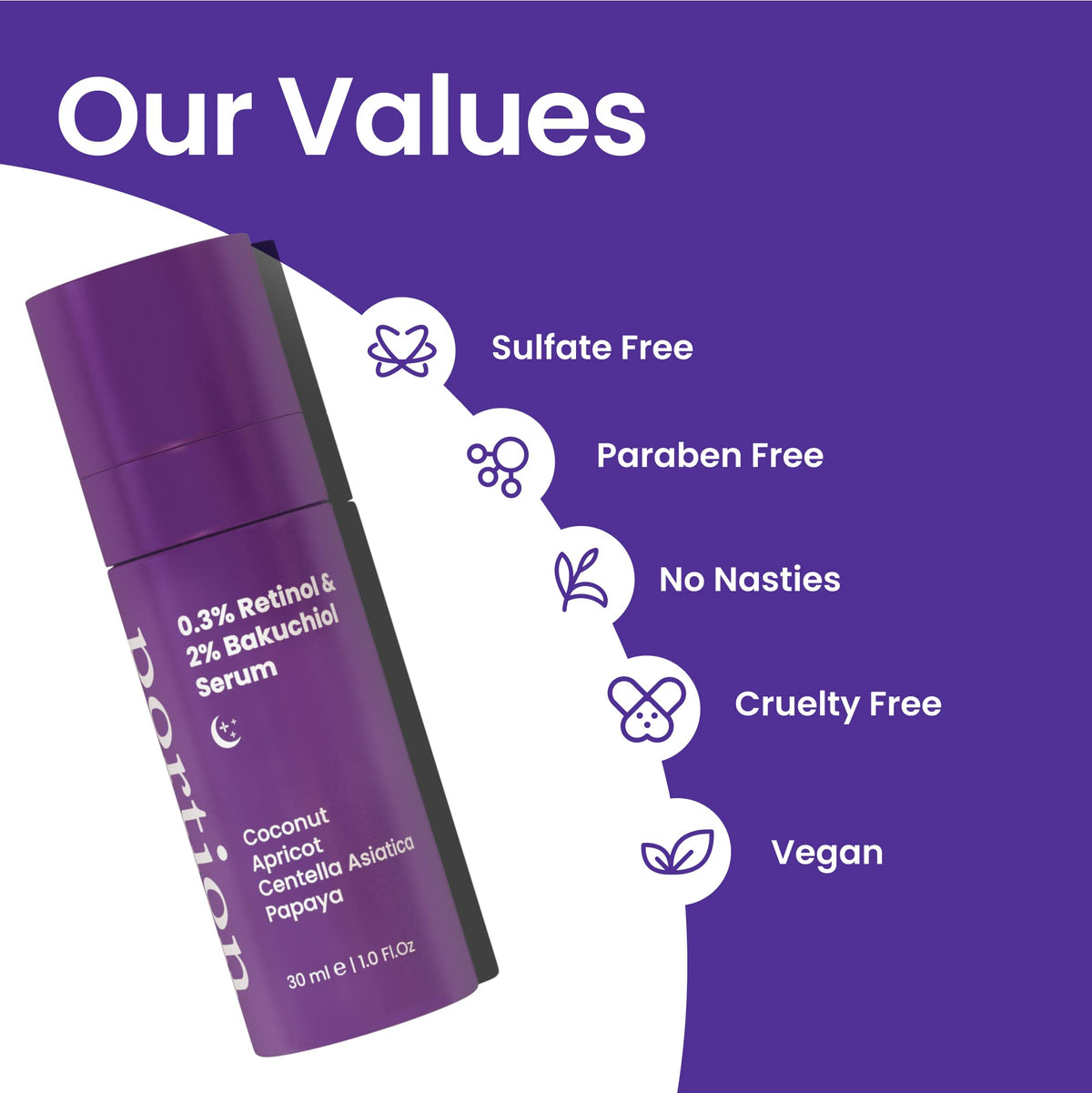 PORTION BEAUTY PORTION Retinol Face Serum - Anti Aging Serum for Face: 0.3% Retinol & 2% Bakuchiol - Simple Serum for Skin Care: Retinol Serum to Moisture & Repair Skin - Facial Serum w/ Apricot & Papaya Oil, 30ml