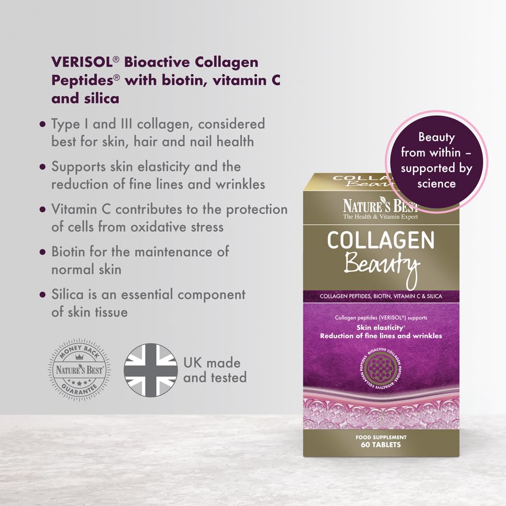 Collagen Beauty Capsules - 60 Capsules | Supports Skin Elasticity & Reduces Fine Lines | Patented VERISOL® Bioactive Peptides | Generous Levels of Collagen per dose & Taste-Free! (Tablets)