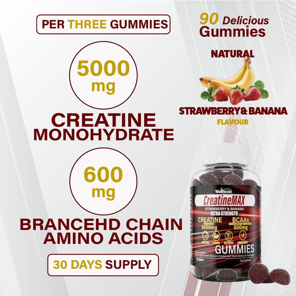 WellBoost Creatine MAX Gummies - 5000mg Creatine Monohydrate & 600mg BCAAs per Serving - Vegan, Sugar-Free Chewable Gummies with Strawberry & Banana Flavour - 90 Gummies (1 Month Supply)