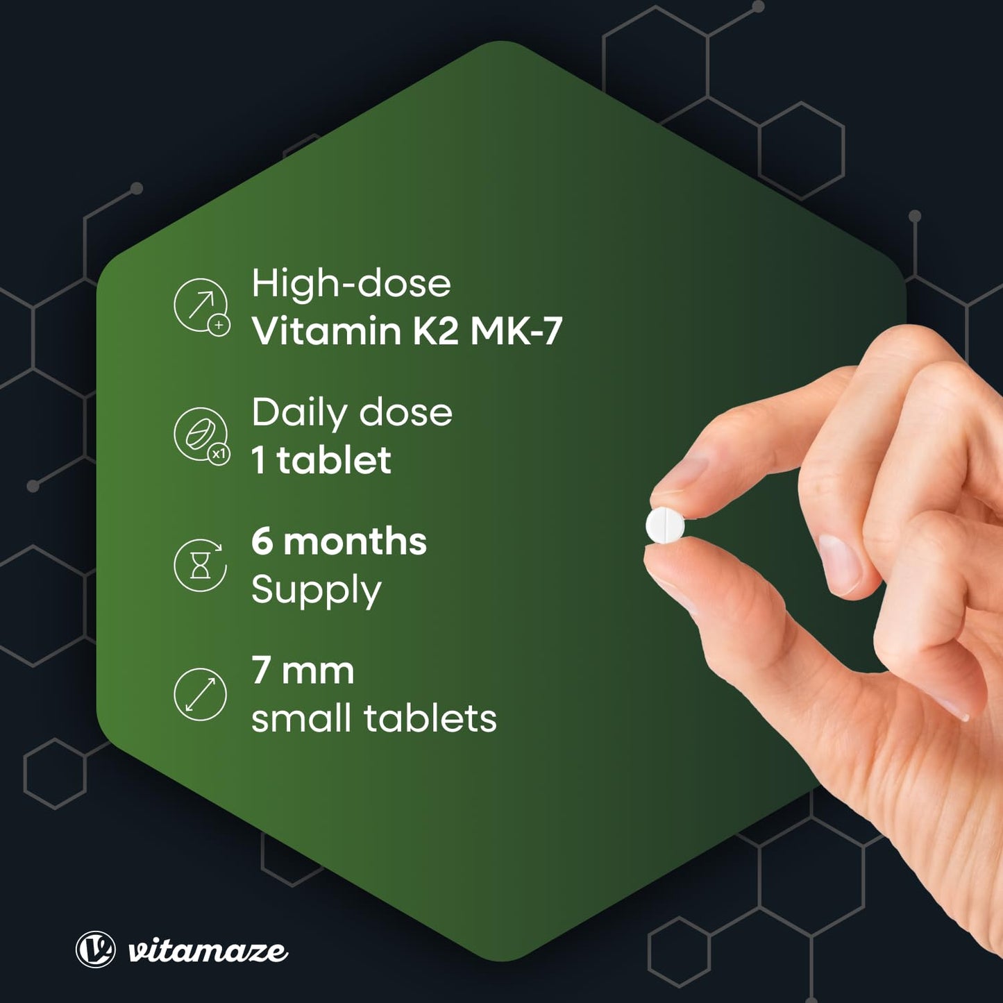 Vitamaze - amazing life Vitamin K2 MK-7 200 mcg Vegan & High Strength Menaquinone, 180 Tablets for 6 Months, German Quality, Natural & Organic Supplement Without Additives