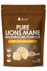 NEW LEAF PRODUCTS Lions Mane Mushroom Powder - Lions Mane Supplement High Strength 3000mg Mushroom Powder - 100% Fruiting Body Lion's Mane - 60 Servings Lions Mane Powder - Made in The UK by New Leaf