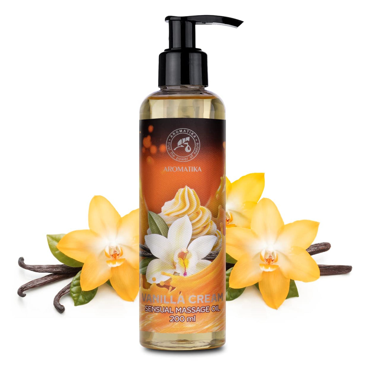 AROMATIKA trust the power of nature Vanilla Cream Sensual Massage Oil - 200ml - Edible & Kissable Massage Oil - Blend of Almond and Grapeseed Oils - Body Oil for Him & Her - for Couples - Relaxing Massage Oil