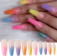 Albiuev 24PCS Long Coffin False Nails with Glue Stickers,Ballerina Coffin Full Cover Acrylic Press on Nails no Glue,Rainbow Gradient French Fake Stick on or Women and Girls Art