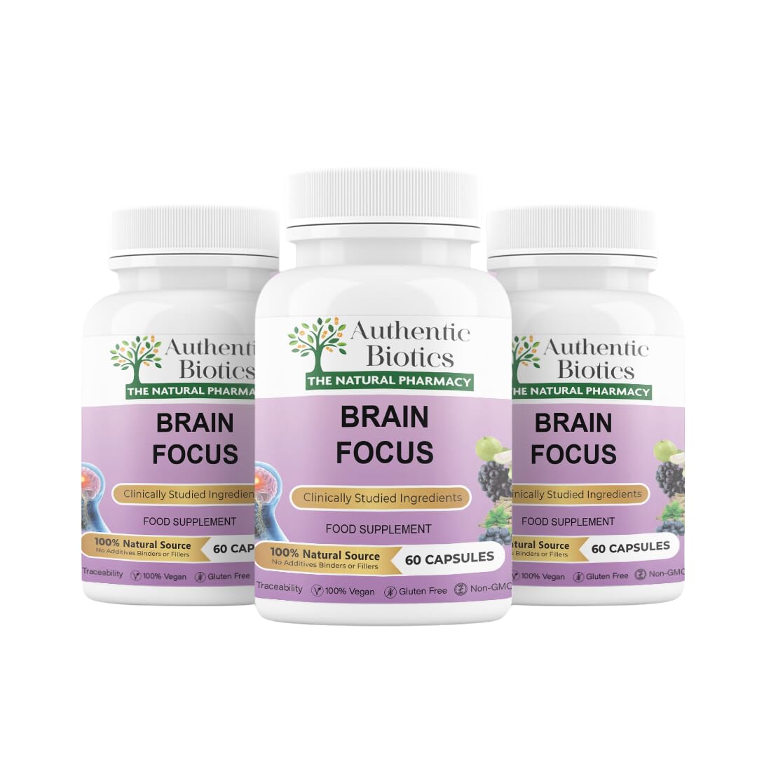 Authentic Biotics Brain Focus Supplement with Ashwagandha KSM-66 – Nootropic with B Complex & Magnesium – Energy, Memory, Focus & Mental Clarity – Vegan Cognitive Support – 3x60 Capsules Pack