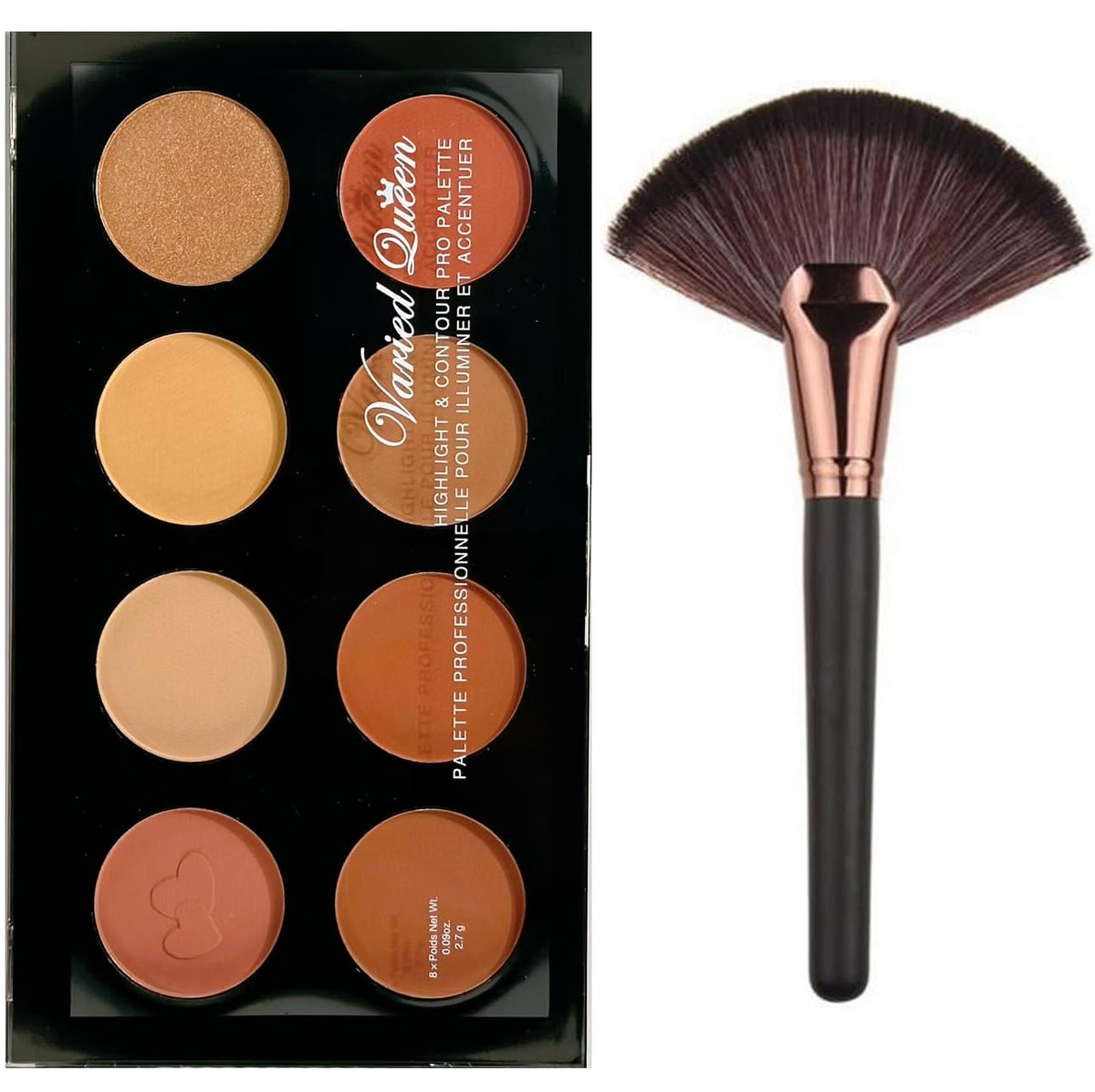 LyDia 8 Colours Highlighter, Blusher, Bronzer, Bronzing Face Contour Palette + Large Rose-Gold Fan Cheek/Blending/Contour/Highlighter/Bronzer/Dust Makeup Brush