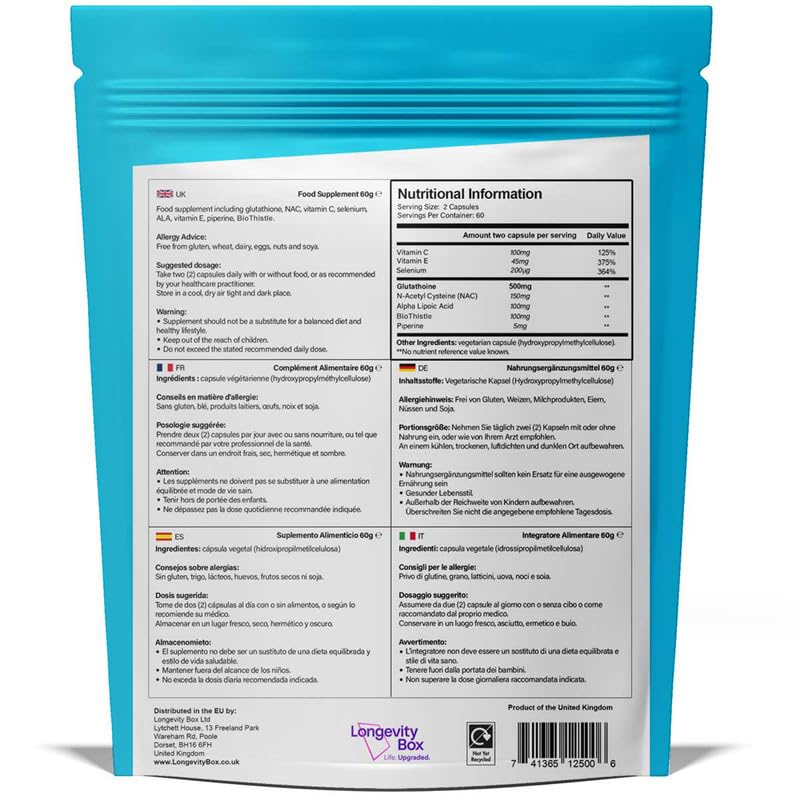 Longevity Box Ultimate 8 Glutathione Supplement - 120 Capsule of Advanced Antioxidant Formula with NAC, Vitamin C, Selenium, ALA, BioThistle, Piperine & Vitamin E | Cellular Detox, Immune Support, & Healthy Ageing