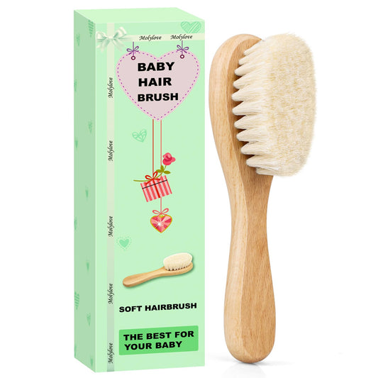 Molylove Baby Hair Brush with Wooden Handle and Super Soft Goat Bristles for Newborns, Infant, Toddlers, Kids