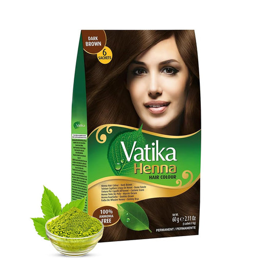 Dabur Vatika Henna Dark Brown Hair Colour Powder - 60g(6 x 10g Sachets),Goodness of Natural Henna, 100% Ammonia-Free & Grey Coverage, Protects & Gives Shine