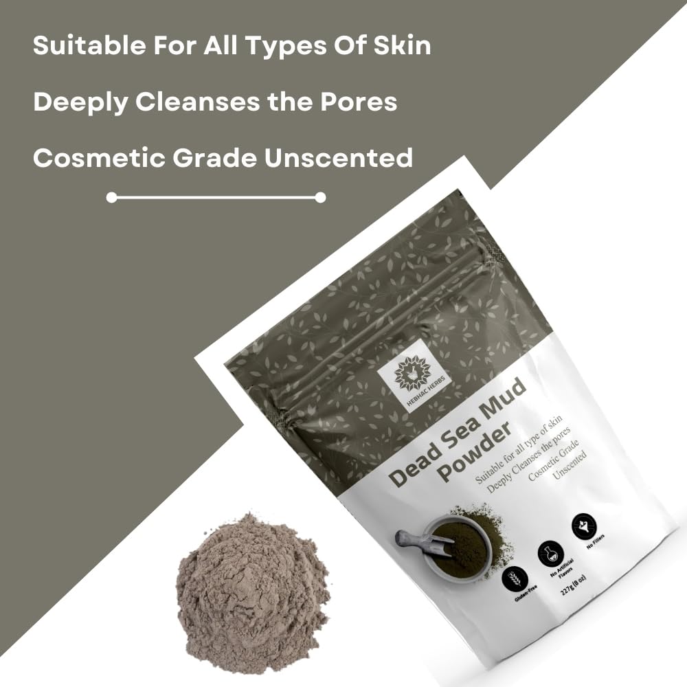 Hebhac Herbs Dead Sea mud powder 227 g | Powder for Facial Mask for Men & Women | Natural Facial Cleanser, Skin Tightening, Blackhead Remover