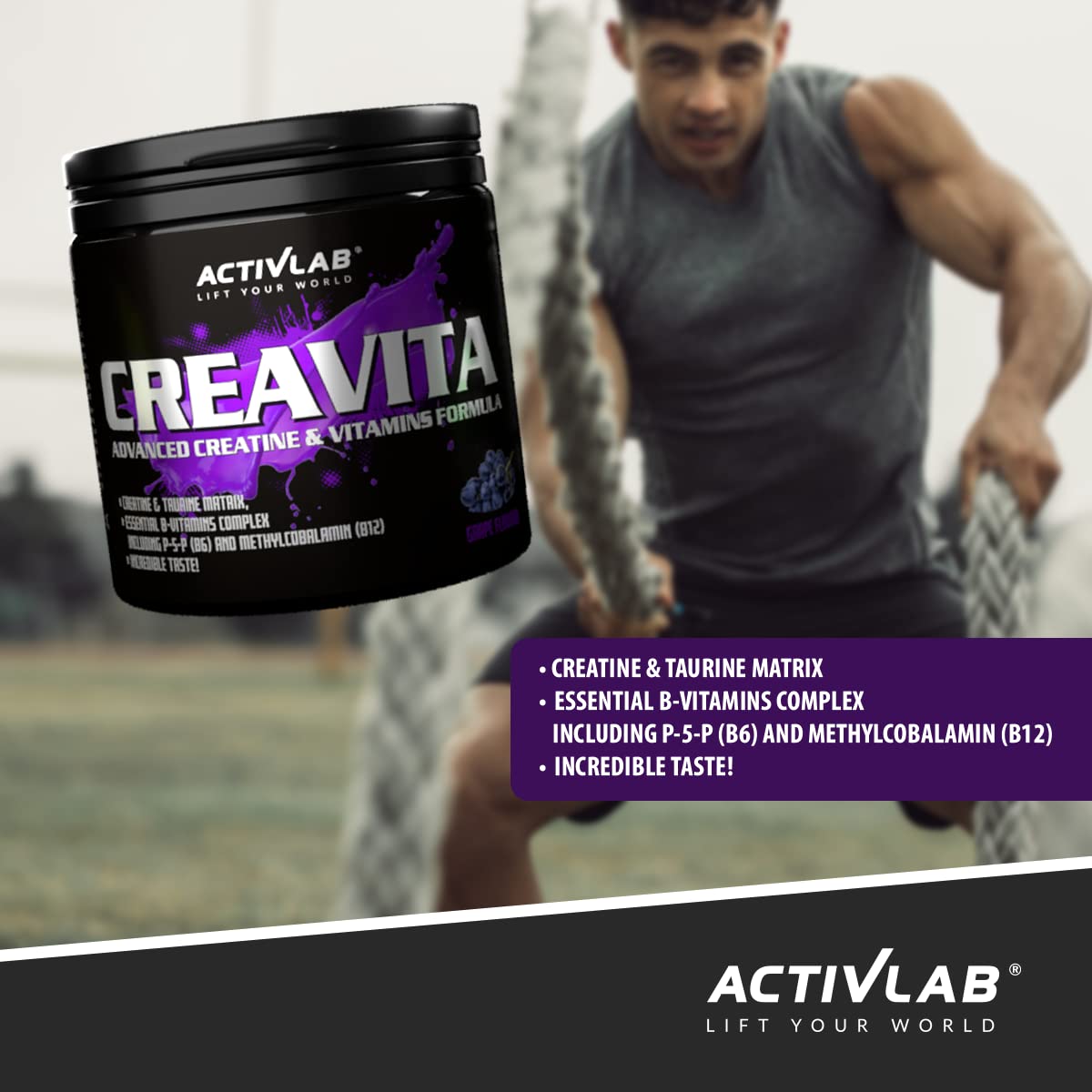 Activlab CREAVITA | Jar 300g | 30 Servings | Grape Flavor | creatine | Taurine | B Vitamins | Increasing Strength | Powder | 3X lab Tested