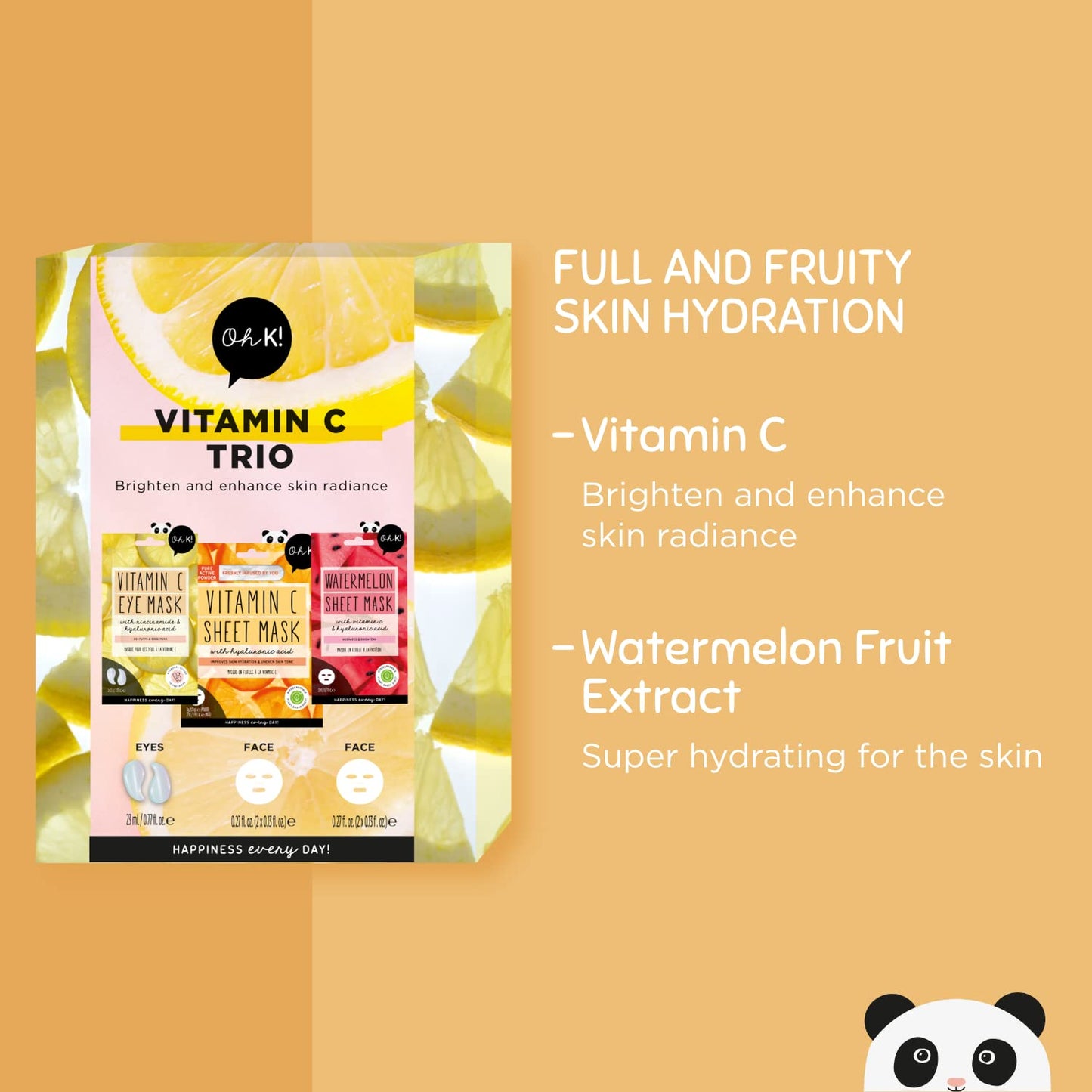 Oh K! Vitamin C Trio, Vegan and Cruelty Free Pamper Gift Set with Face Masks and Eye Mask, for Brightening and Evening Skin Tone, Watermelon and Vitamin C, 3 Piece