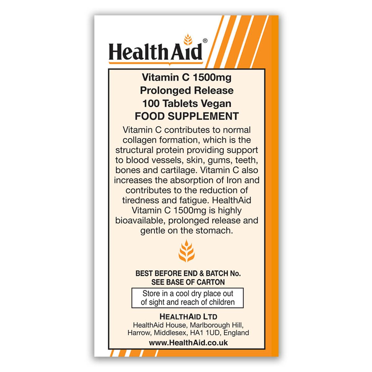 HealthAid Vitamin C 1500mg - Prolong Release - 100 Vegan Tablets