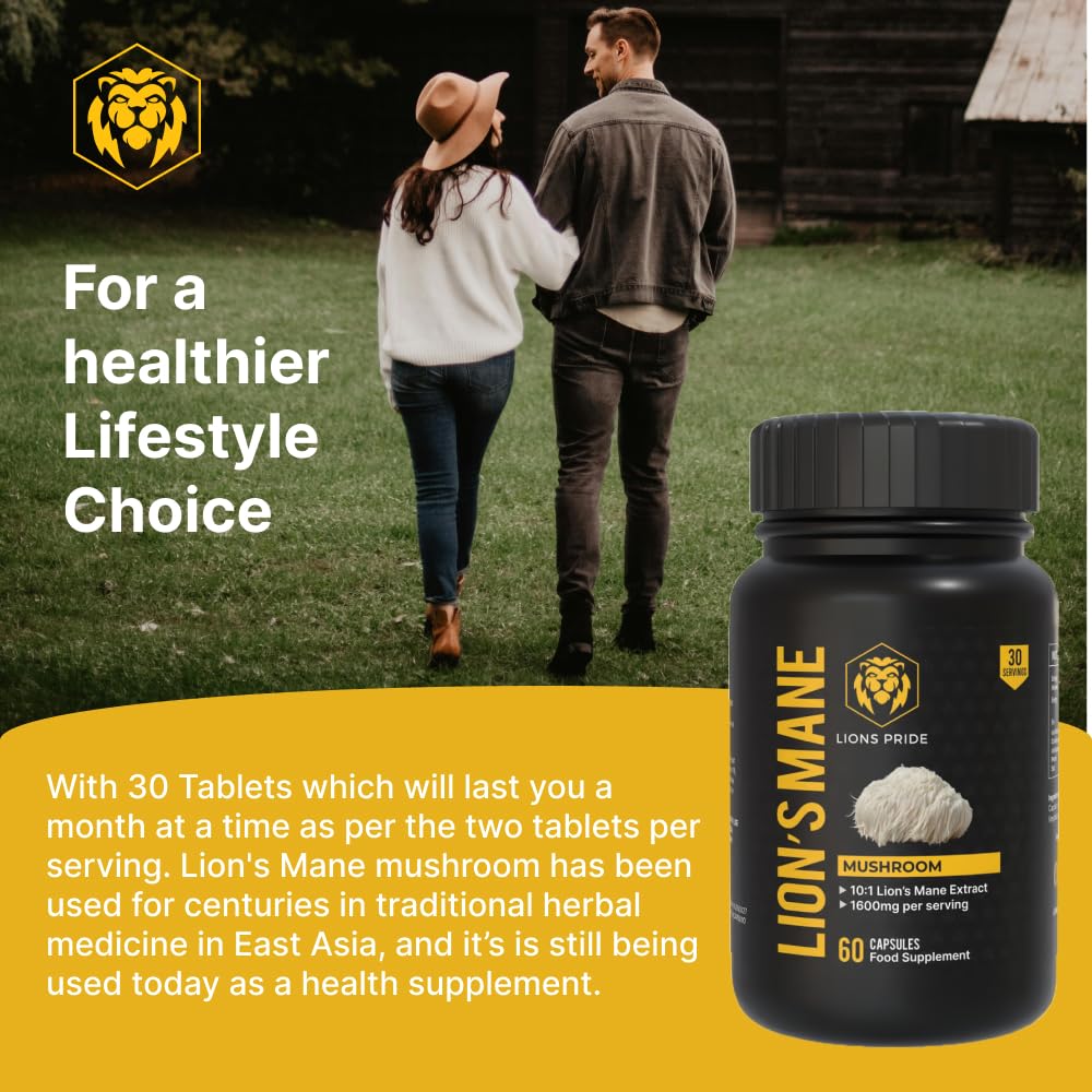 Lion's Pride Lions Pride Lions Mane Capsules, Food Supplement 10:1 Extract, High Strength Mushroom Powder, 60 Capsules