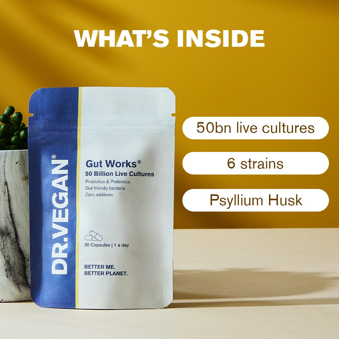 dr vegan Gut Works® | 6 Prebiotics and Probiotic Strains | 50 Billion CFU Bacteria Live Cultures | Daily Support for Gut Health | 30 Vegan Capsules | One-A-Day | DR.Vegan