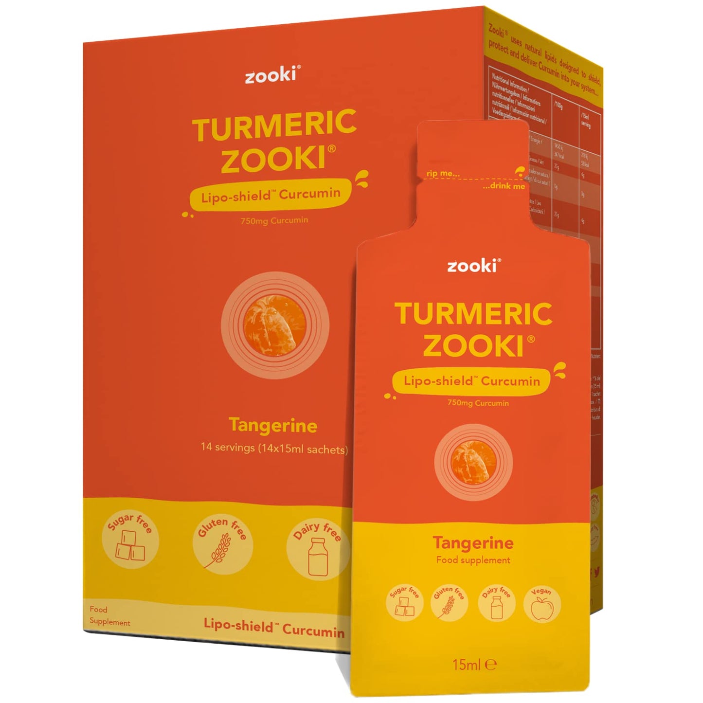 Zooki® Liquid Turmeric | Turmeric Shots Contains 750mg Full Spectrum Curcumin Per 15ml Sachet (Tangerine Flavour, 14 Servings)