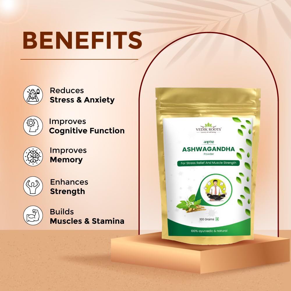 Vedikroots Ashwagandha Powder/Churn - A Stress Relief Elixir for an Active Lifestyle | Enriched with 100% Natural Ashwagandha Extracts (100g)