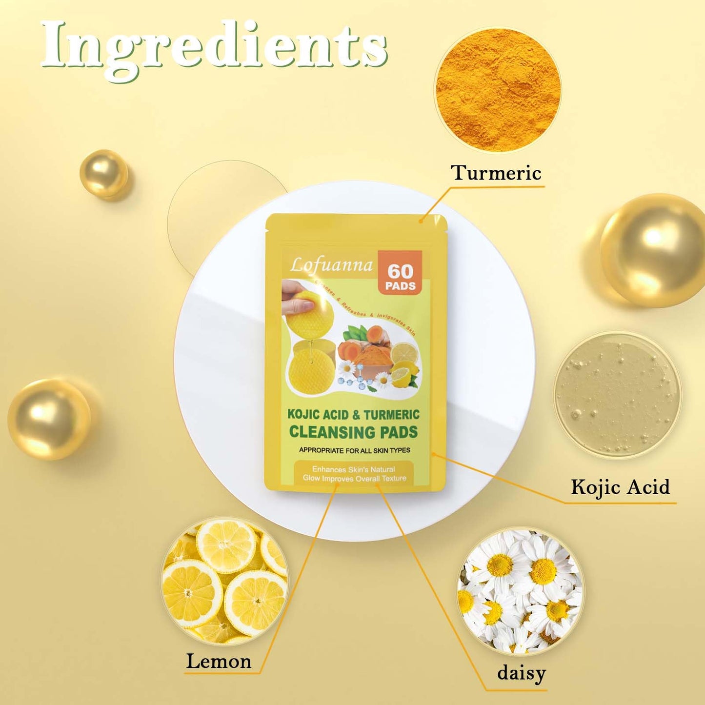 ZTSMSWY Turmeric Kojic Acid Pads,Kojic Acid and Turmeric Pads,Turmeric Kojic Acid Pads Exfoliating Pads, Turmeric Kojic Acid Cleansing Pads for Dark Spots 60 Pads