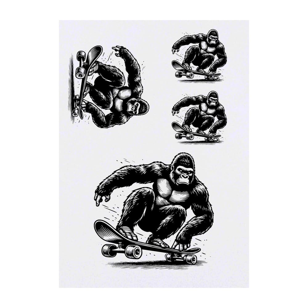 Azeeda 4 x 'Gorilla on a Skateboard' Temporary Tattoos - Water Resistant, Skin-Safe, Non-Toxic Transfers, Mixed Sizes (TO00070600)
