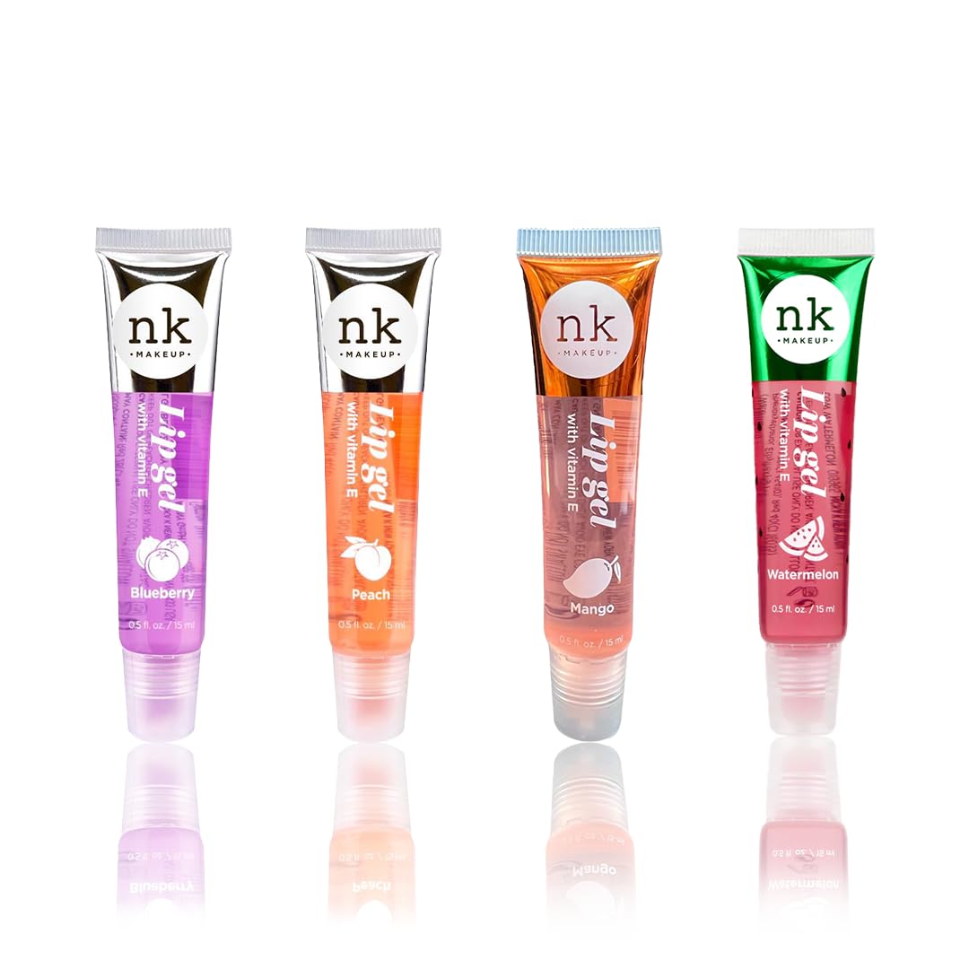 NK lip gloss gel 15ml Vitamin E, Shiny, Nourishes, Blueberry, Peach, Mango and Watermelon flavoured by Nicka K (Multi Pack Of 4).