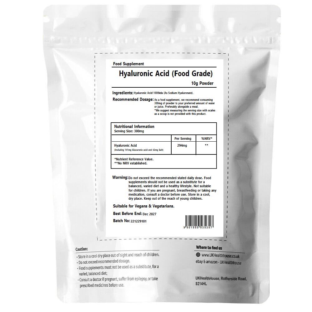 UKHealthHouse Hyaluronic Acid Supplement (1000 KDA) Vegan Triple Strength Hyaluronic Acid Powder Natural Skin, Hair & Joint Supplement for Women & Men (10g)