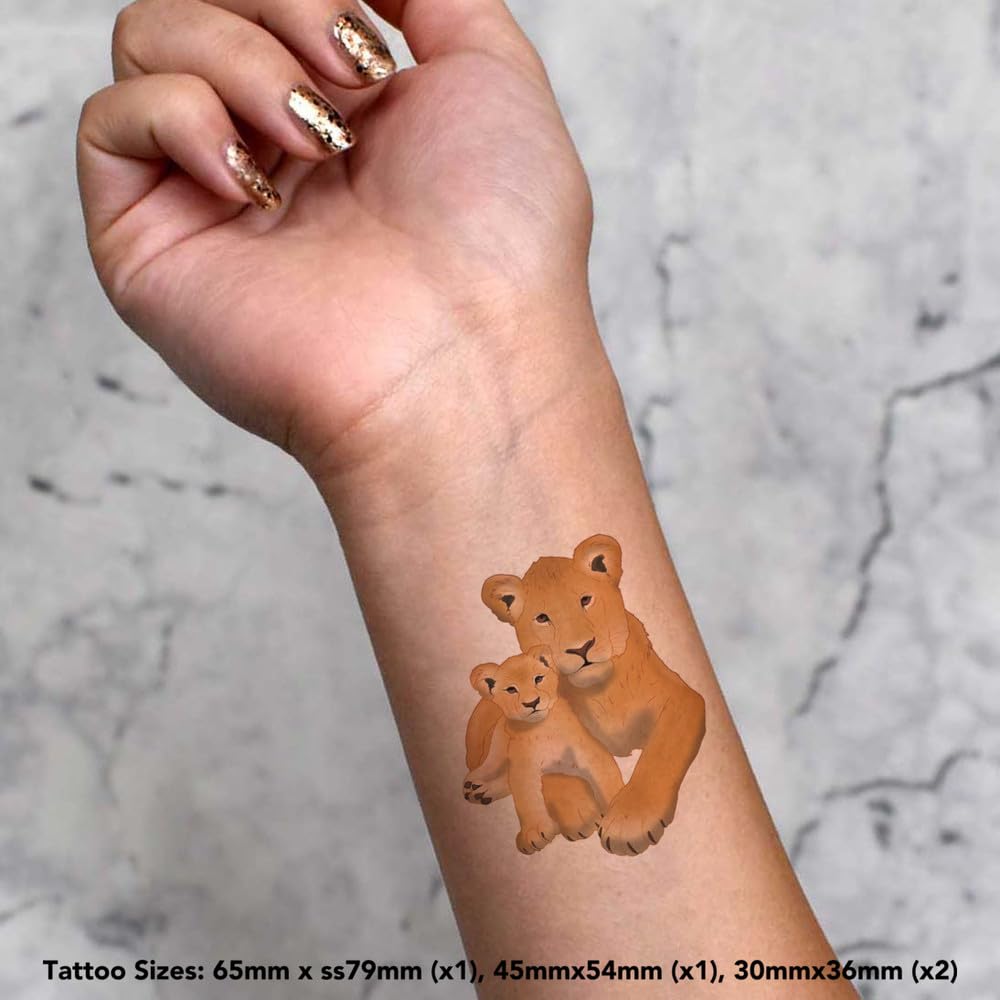 Azeeda 4 x 'Lioness and Cub' Temporary Tattoos - Water Resistant, Skin-Safe, Non-Toxic Transfers, Mixed Sizes (TO00085128)