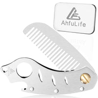 Metal Folding Beard Comb for Men, AhfuLife Moustache Pocket Foldable Comb With Bottle Opener Fits in Keychain, Stainless Steel Hair Beard Mustache Care - Presented in Gift Box (Silver)