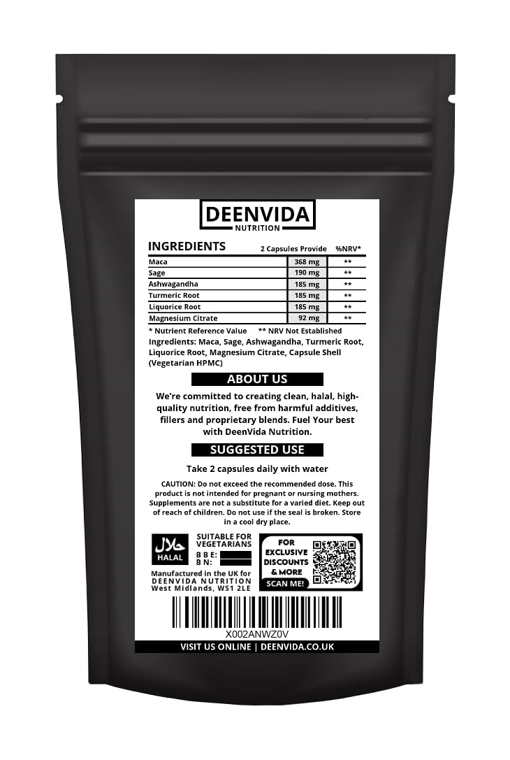 DEENVIDA NUTRITION Halal Menopause Supplements for Women, Perimenopause & Menopause Support, Multi-Nutrient Wellbeing Support, Suitable for Vegetarians, 1 Month Supply, 60 Capsules, DeenVida Nutrition