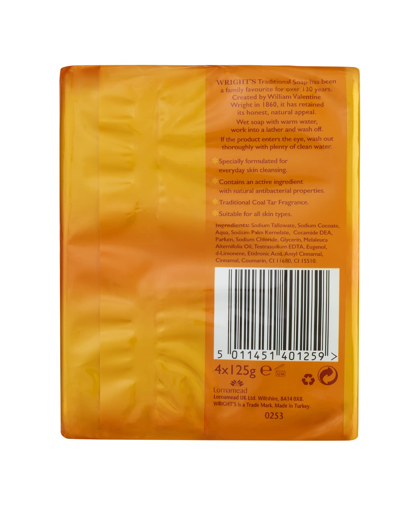 Wright's Coal Tar Soap, for everyday skin cleansing, suitable for all skin types. 4 x 100g bars