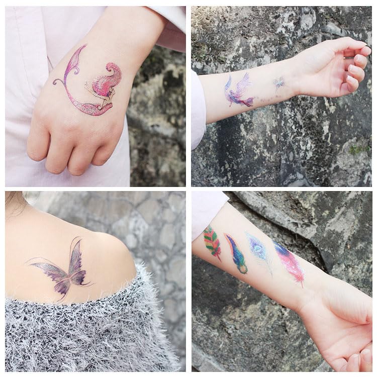 Rosymormor 18 Sheets Glitter Temporary Tattoos for Women Girls, Wings Butterfly Flowers Face Body Shiny Waterproof Stickers Fake Tattoos for Gifts Birthday Party Favors Festival Makeup Halloween