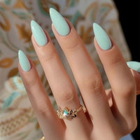 KQueenest Soft Gel Press on Nails Almond Medium, Mint Green False Nails Almond, Glossy Solid Color Stiletto Fake Nails Set, Natural Reusable Stick on Nail for Women Finger Daily Wear 24 Pcs