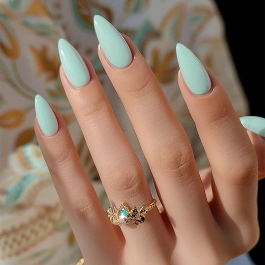 KQueenest Soft Gel Press on Nails Almond Medium, Mint Green False Nails Almond, Glossy Solid Color Stiletto Fake Nails Set, Natural Reusable Stick on Nail for Women Finger Daily Wear 24 Pcs