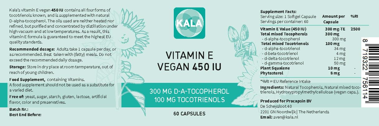 Procapsin Vitamin E 450 IU 400mg Tocopherol + Tocotrienol Vitamin E Vegan - Alpha Tocopherol + All 4 Tocotrienols – Alpha Tocotrienol + Beta Tocotrienol + Delta Tocotrienol and Gamma Tocotrienol