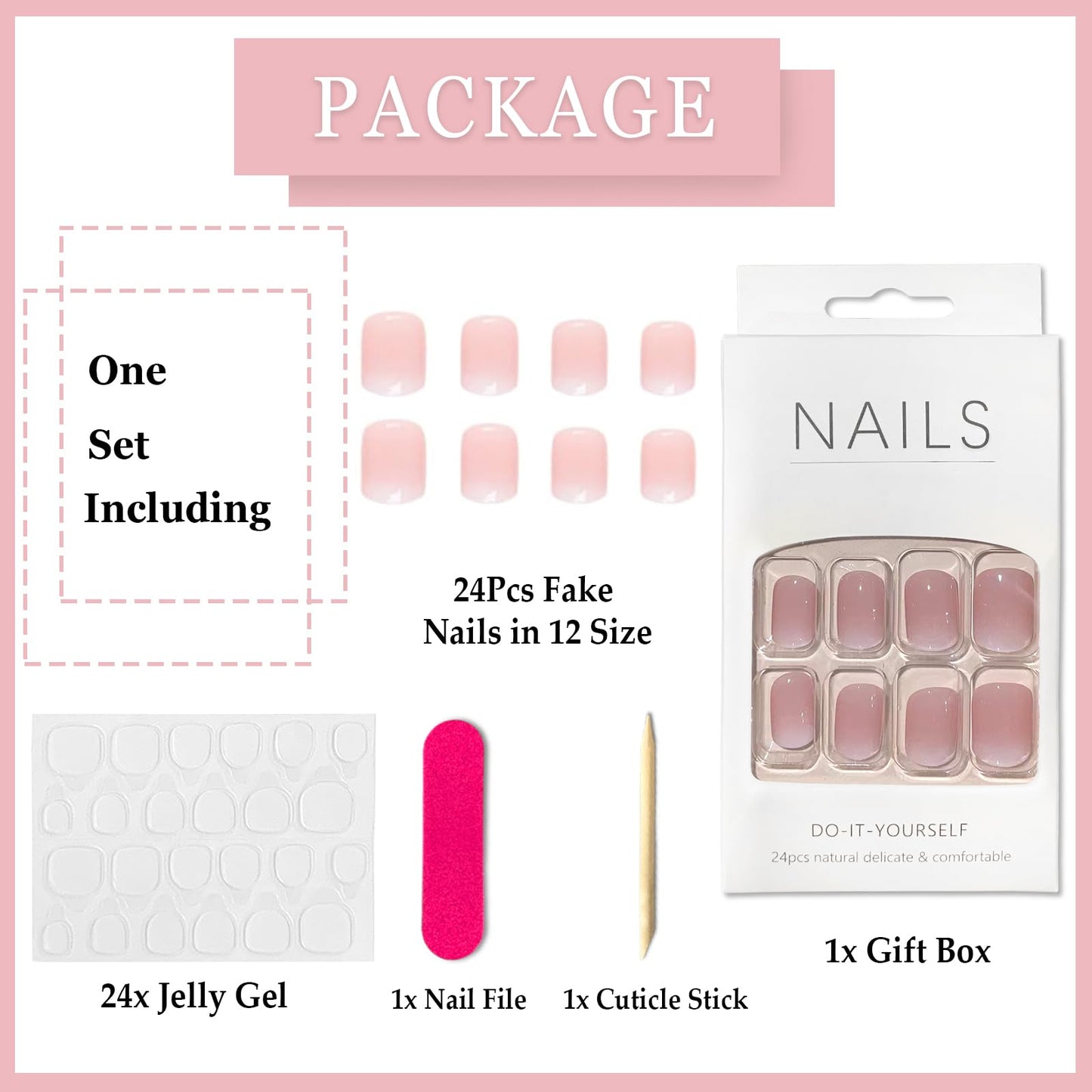 Ceboic 24pcs French False Nails Pink White Tip Short Square Press on Nails Gradient Acrylic Full Cover Stick on Nails with Designs Elegant Touch Fake Nails Women Girls Nail Art Accessories