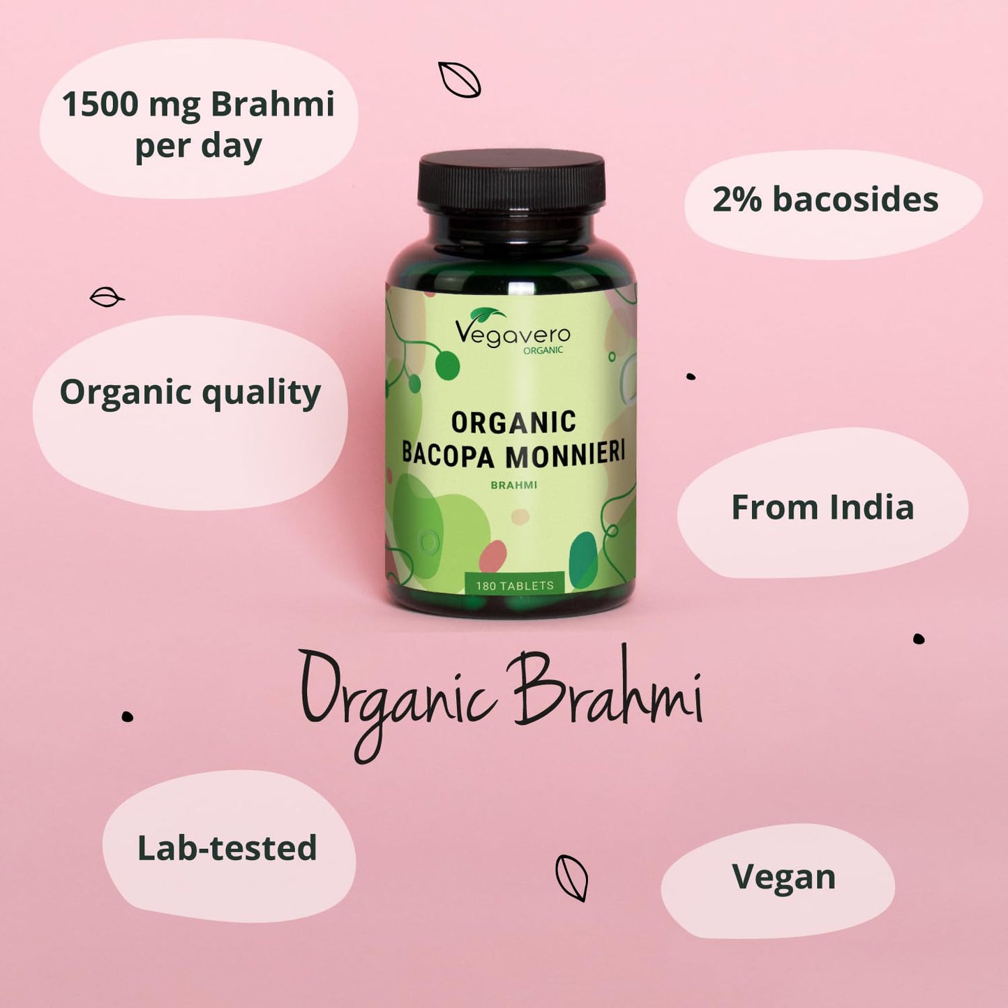 Vegavero Organic Bacopa Monnieri | 1500 mg Brahmi | 2% Natural Bacosides | Lab-Tested | 180 Tablets | Vegan