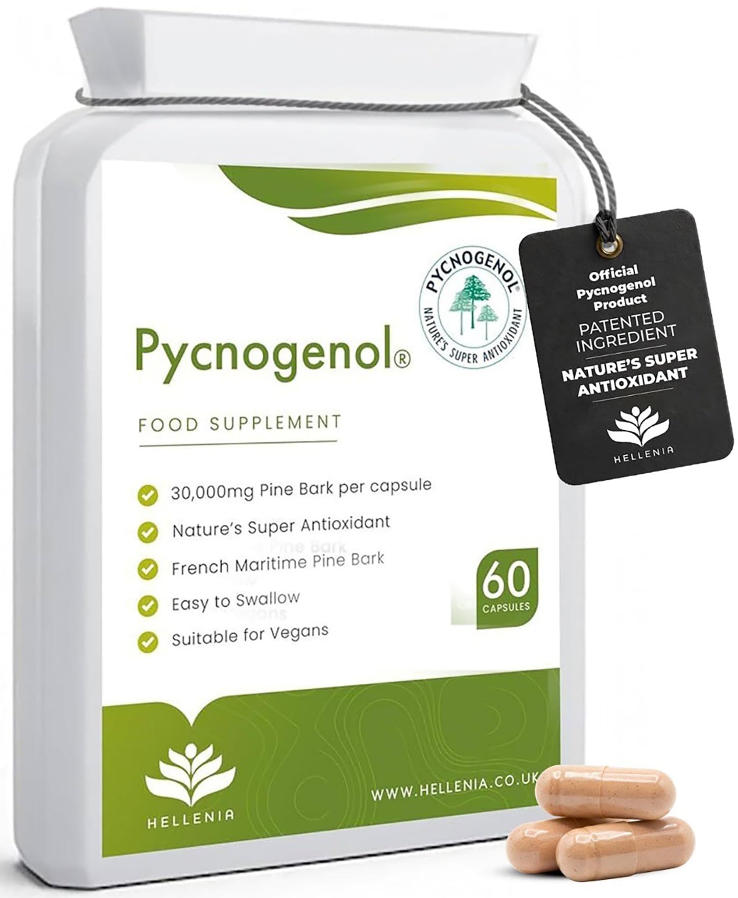 Pycnogenol® French Maritime Pine Bark Extract - 60 Capsules | Providing Naturally Powerful Bioflavonoids | High Bioavailability Pycnogenol | Suitable for Vegans - Made in The UK by Hellenia