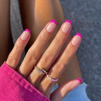 KQueenest 30 Pcs Hot Pink French Tip Press on Nails Short Square, French Tip False Nails Short Coffin, Custom Thick Acrylic Fake Nails Set Natural Nude Gel Stick on Nail for Women Daily Wear