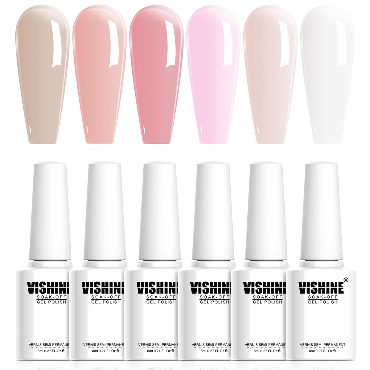 Vishine Nude Gel Polish Kit, Sheer Milky Pink Jelly Transparent Gel Nail Polish UV LED Gel Nail gel Polish Varnish Nail Art DIY Saon 6Pcs 8ML