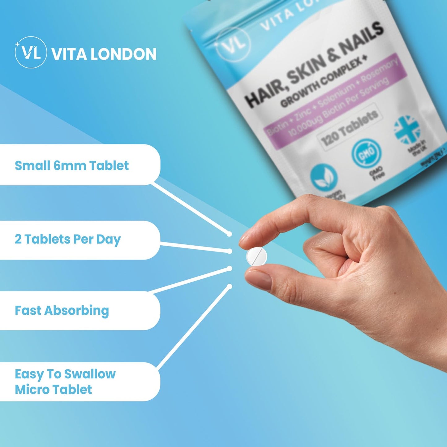 VL Vita London Biotin for Hair Growth Women & Men 10,000ug | Hail, Skin and Nails Vitamins Growth Complex with Zinc & Selenium & Rosemary | 120 Biotin Tablets (not Gummies, Capsules or serum) | Vegan, UK Made