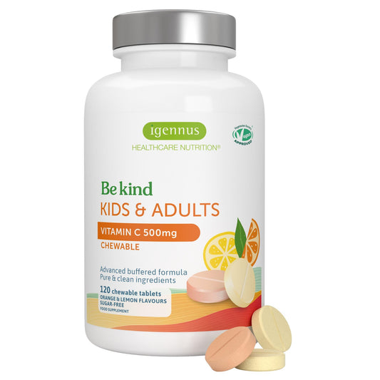 Igennus Healthcare Nutrition Igennus Advanced Vitamin C Sugar-Free Chewable 500mg, 120 Servings, Kids & Adults, Clean & Gentle, High Absorption Buffered Formula, Vegan, Orange & Lemon Flavours