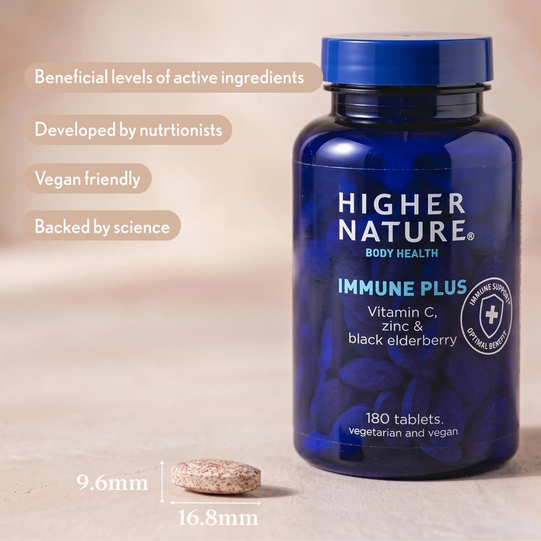 HIGHER NATURE Higher Nature Immune Plus - Vitamin C with Zinc & Black Elderberry - Immune Support Supplements - Vegetarian and Vegan Multivitamin - 180 Tablets