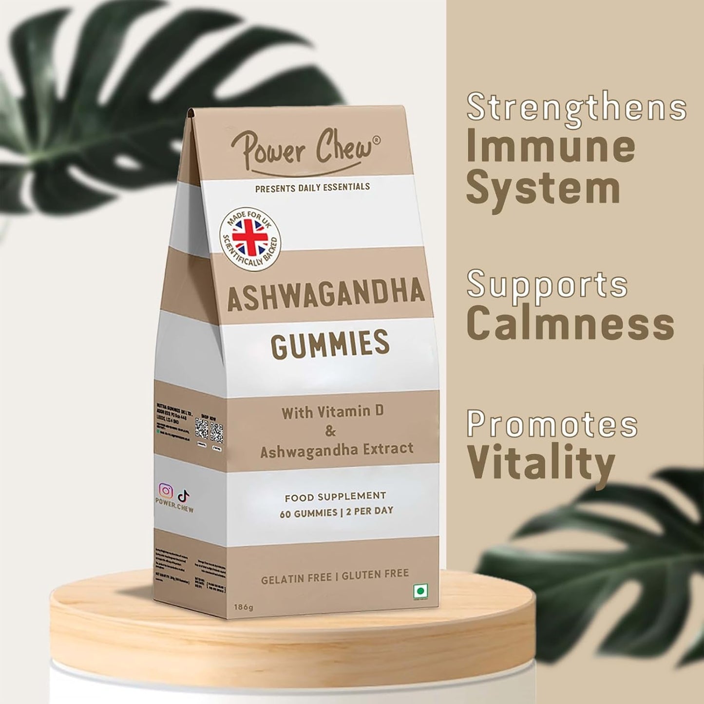 Power Chew Ashwagandha Gummies | High Strength Ashwagandha Extract and Vitamin D | 60 Vegan Gummies Chewable | Vitamin Gummies for Women & Men | Super Tasty Food Supplement for Adults